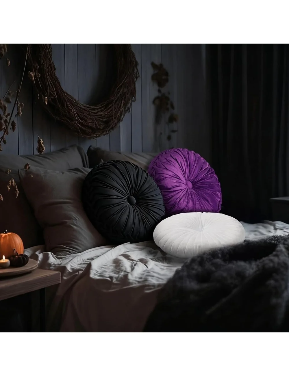 Round Velvet Throw Pillows in Purple, Black, White - Set of 3